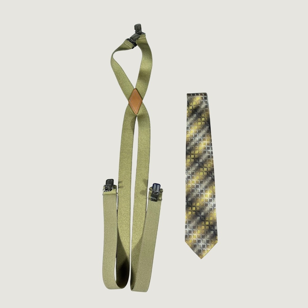 Van Heusen Mens Gold Grey Geometric Tie and Olive Green Suspenders Set 2pc